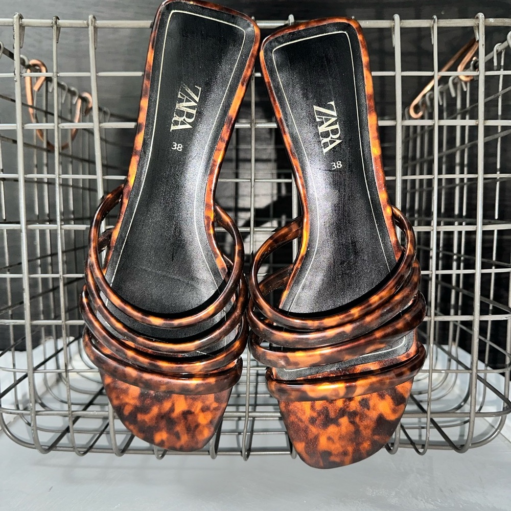 Zara Tortoiseshell Multi-Strap Square-Toe Slide Sandals - Brown/Black